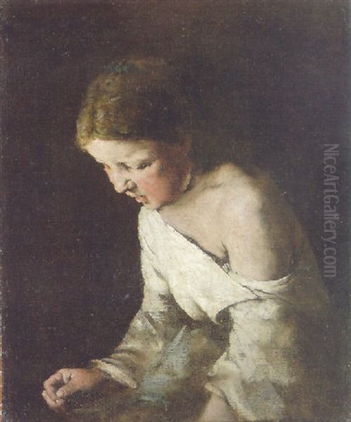 Young Girl Sewing Oil Painting by Theodule Augustine Ribot
