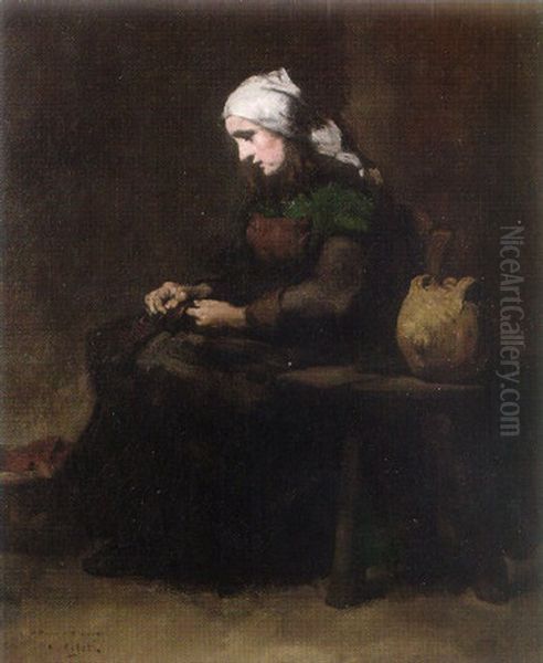 The Clothes Mender Oil Painting by Theodule Augustine Ribot