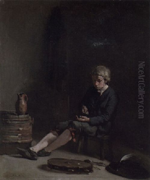 The Tambourine Player Oil Painting by Theodule Augustine Ribot