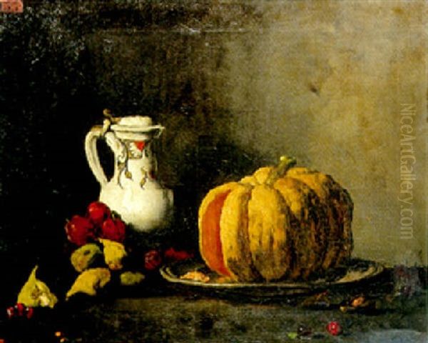 Pichet, Citrouille, Figues Et Prunes Oil Painting by Theodule Augustine Ribot