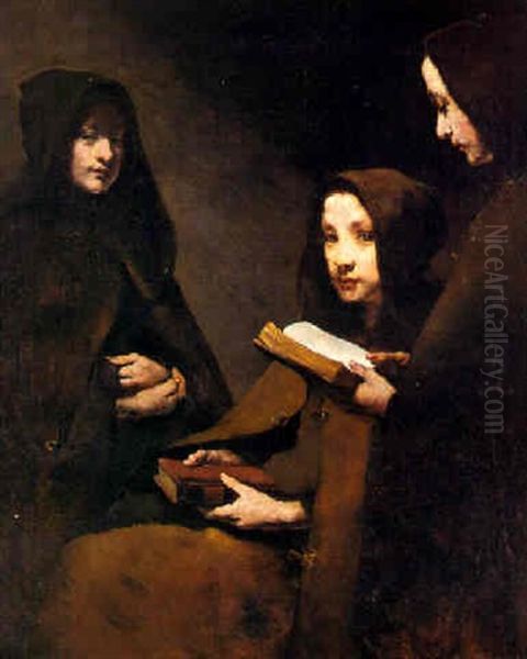La Lecture Des Prieres (la Lecture Des Novices) Oil Painting by Theodule Augustine Ribot