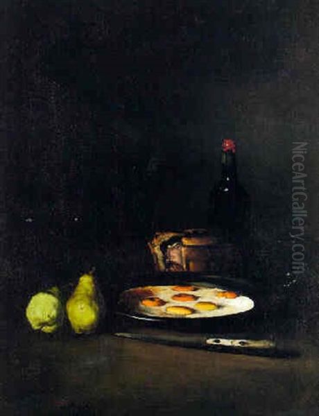 Nature Morte Aux Oeufs Poches, Deux Poires, Un Pate, Une Bouteille De Vin, Et Un Couteau Oil Painting by Theodule Augustine Ribot