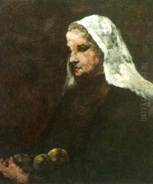 Portrait Of A Woman With Apples Oil Painting by Theodule Augustine Ribot