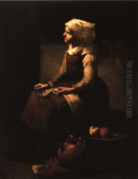 Jeune Paysanne Tricotant Oil Painting by Theodule Augustine Ribot