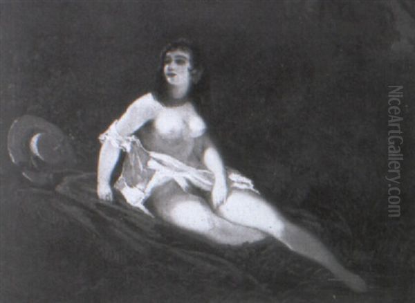 Eine Leicht Bekleidete Junge Dame Sitzt Am Ufer Eines Weihers Oil Painting by Theodule Augustine Ribot