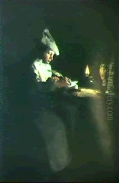 Young Cook Writing By Candlelight Oil Painting by Theodule Augustine Ribot