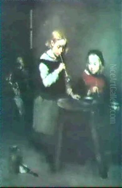 Blowing Bubbles Oil Painting by Theodule Augustine Ribot