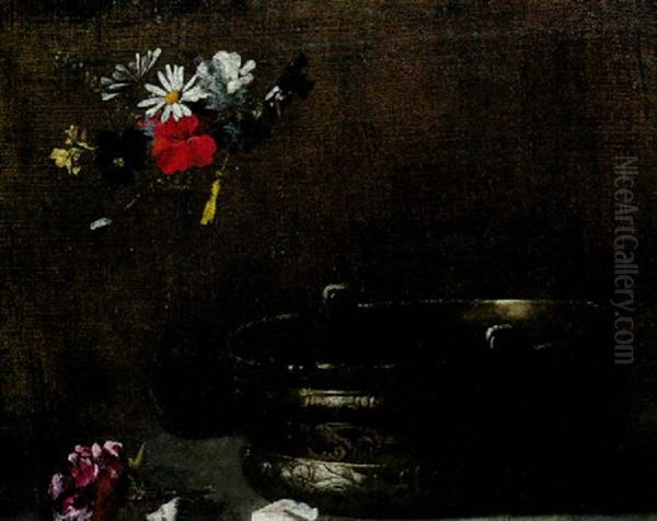 Still Life With A Vase Of Wildflowers And A Pewter Bowl Oil Painting by Theodule Augustine Ribot