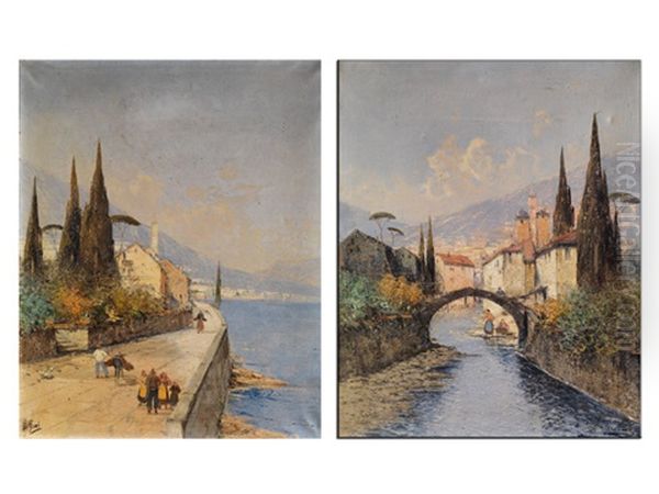 Blick Von Einer Befestigten Uferstrase Am Westufer Des Gardasees (+ Ein Italienisches Dorf Mit Blick Vom Flussufer, Der Zum See Fuhrt; Pair) Oil Painting by L. Ricci