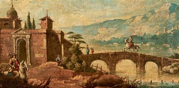 Paysage Anime Au Pont Et Village Fortifie Oil Painting by Marco Ricci