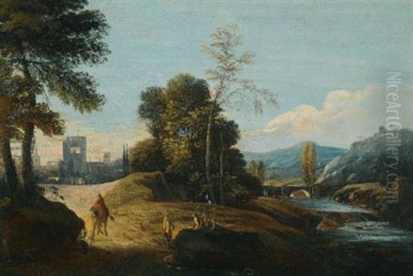 A Lacustrine Landscape With A Herder And His Animals Resting By The Water, A Town Beyond (+ A Fluvial Landscape With Figures On A Path, A Town Beyond; Pair) Oil Painting by Marco Ricci