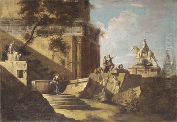 An Architectural Capriccio With Figures Amongst Ruins Oil Painting by Marco Ricci