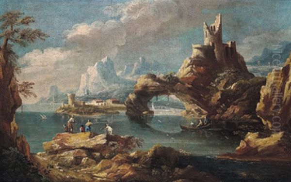 Baia Con Torre E Rovine: Felsenkuste Mit Ruinen Und Anglern Oil Painting by Marco Ricci