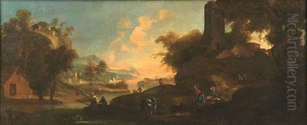 Italienische Fluslandschaft Mit Fischern Und Landvolk Oil Painting by Marco Ricci