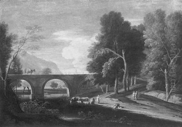 An Extensive Wooded Landscape With Shepherds By A Bridge And A Lake Oil Painting by Marco Ricci