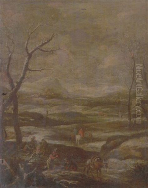 A Winter Landscape With Woodcutters And Travellers Oil Painting by Marco Ricci