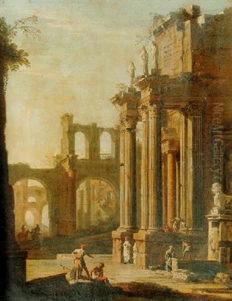 Capriccio Of Classical Ruins With Figures Oil Painting by Marco Ricci