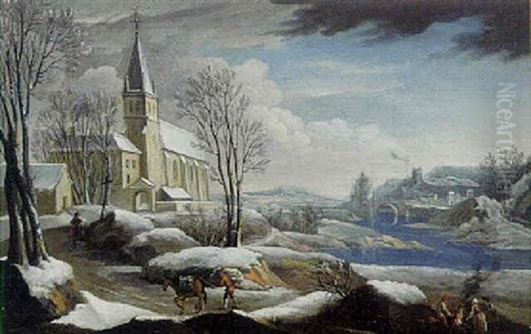 Vinterlandskab Med Kirke Og Folk Der Varmer Sig Ved Et Bal Oil Painting by Marco Ricci