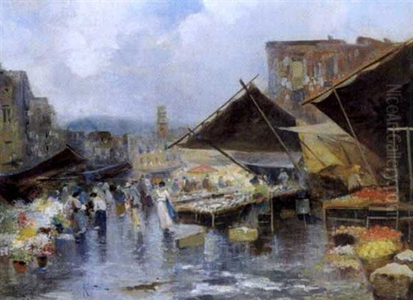 Italienischer Gemuse- Und Blumenmarkt Oil Painting by Oscar Ricciardi