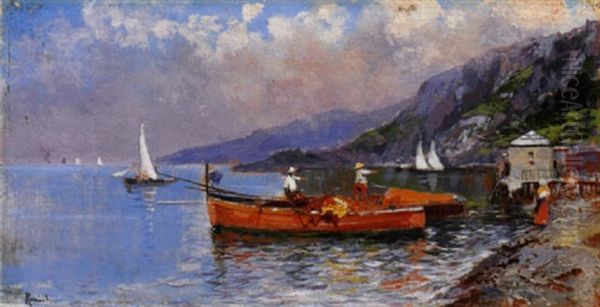 Paesaggi Costieri Con Barche E Pescatori Oil Painting by Oscar Ricciardi