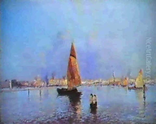 Sailing Barges In Venice Oil Painting by Oscar Ricciardi