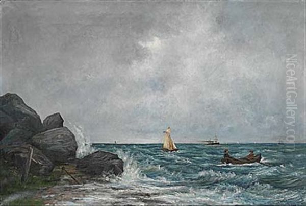 Kustmotiv Med Batar Och Figurer I Eka Oil Painting by Ludvig Otto Richarde