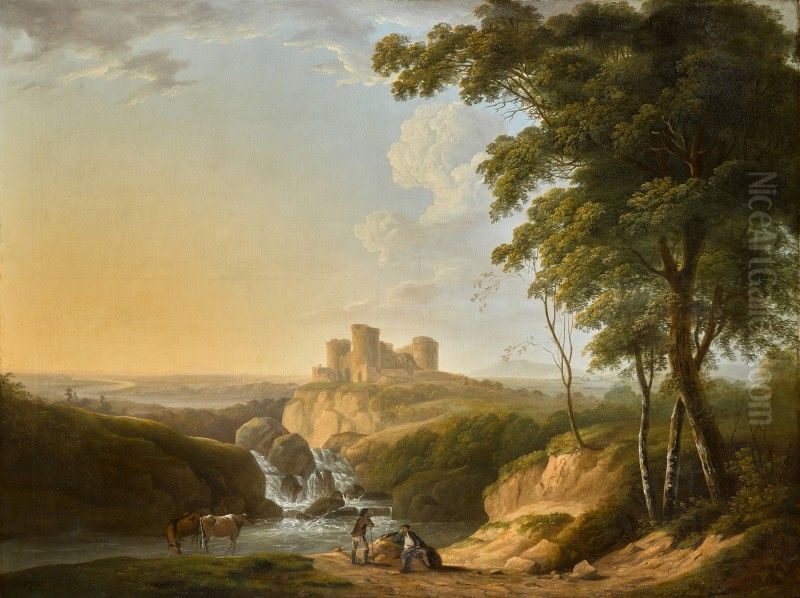 An Extensive Landscape With A View Of Chepstow Castle On A Hill Beyond Oil Painting by John Inigo Richards