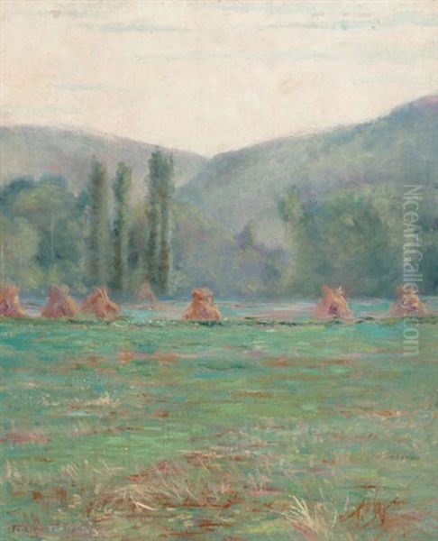 French Landscape With Haystacks Oil Painting by Francis Henry Richardson