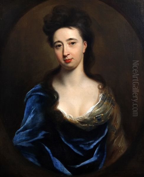 A Portrait Of A Lady Wearing Blue Shawl And Yellow Patterned Dress, Her Hair Over Her Shoulders, Waist Length Oil Painting by Jonathan Richardson