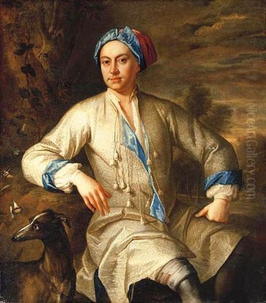 Portrait Of A Gentleman (the Poet John Gay?) With A Dog, In A Landscape Oil Painting by Jonathan Richardson