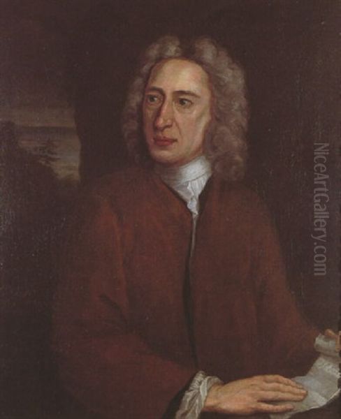 Portrait Of Alexander Pope In A Coat And White Stock Holding A Letter, Landscape Beyond Oil Painting by Jonathan Richardson