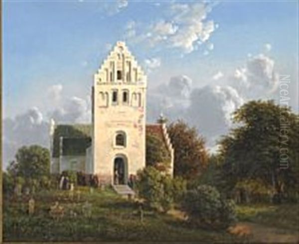 Prospect Af Skamby Kirke I Fyen Oil Painting by Ferdinand Richardt