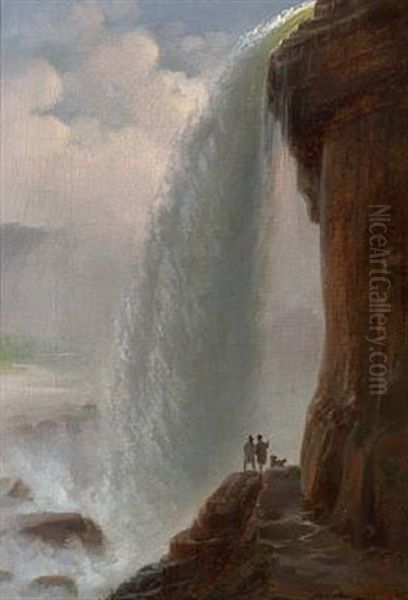 View Of Niagara Falls. In The Foreground, Two Figures With A Dog Oil Painting by Ferdinand Richardt