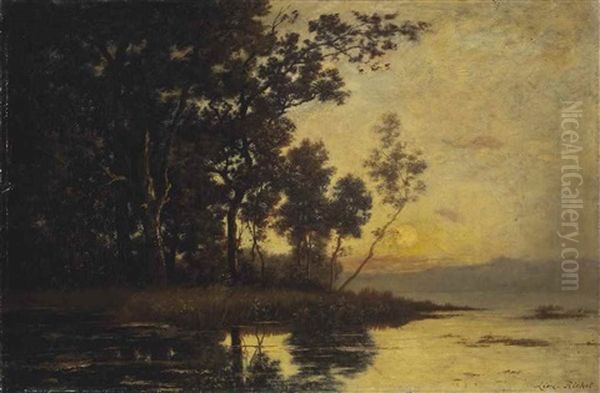 Sunset Over A Lake Oil Painting by Leon Richet