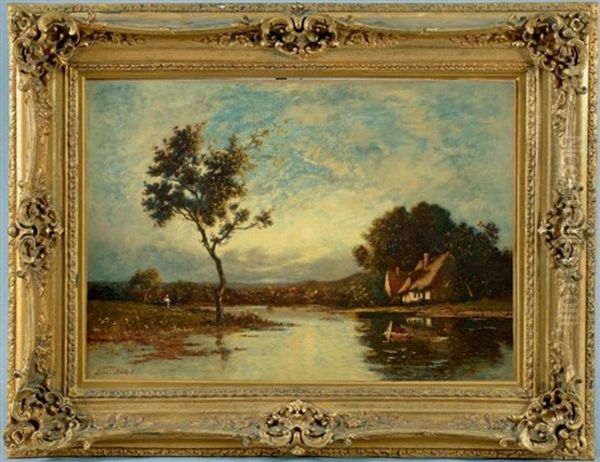 Chaumiere Et Paysanne Au Bord D'un Etang Oil Painting by Leon Richet