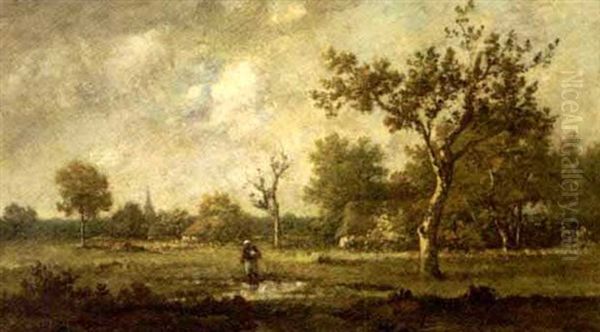 Paysanne Devant La Mare A Fontainebleau Oil Painting by Leon Richet