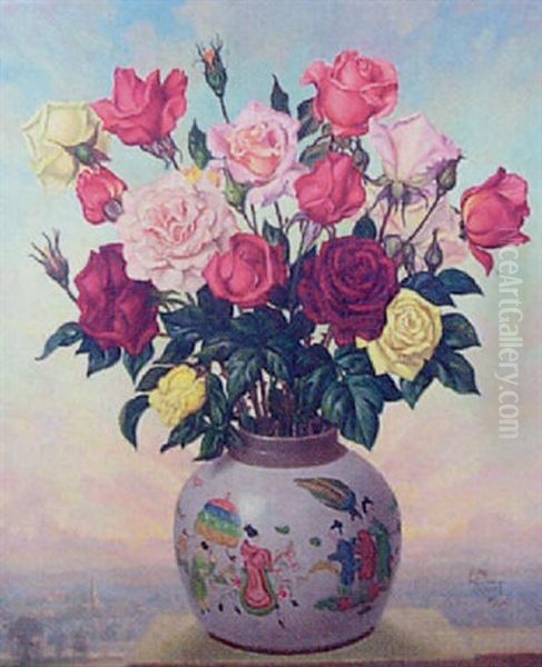 Still Life Of A Vase Of Roses, A Landscape Beyond Oil Painting by Leon Richet