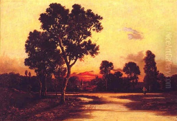 Red Sunset Oil Painting by Leon Richet