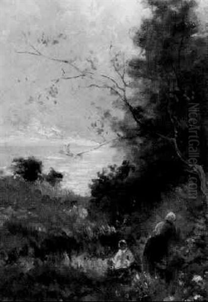 Mutter Mit Kind Beim Blumenpflucken Oil Painting by Leon Richet