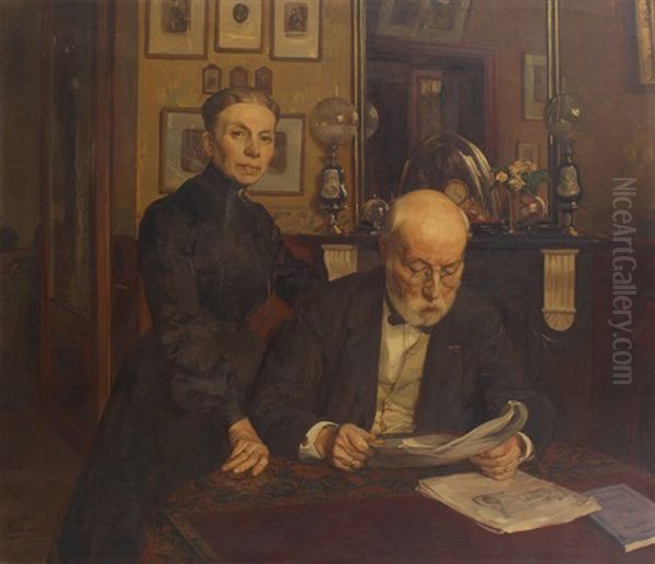 Les Parents D'hermann Richir Lisant Le Journal Oil Painting by Herman Richir