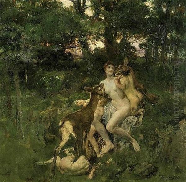 Venus Et Amour Entoures De Satyres Et De Biches Oil Painting by Herman Richir