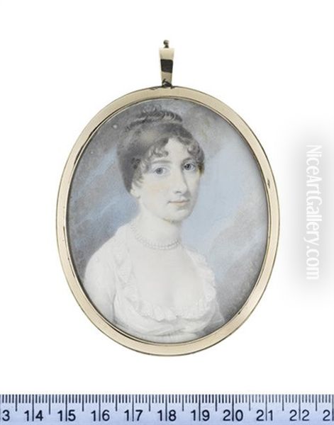 A Lady, Wearing White Dress With Frilled Lace Collar, Double Strand Pearl Necklace, Her Brown Hair Upswept A Length Of Her Hair Wrapped Around Her Head... Oil Painting by Thomas Richmond