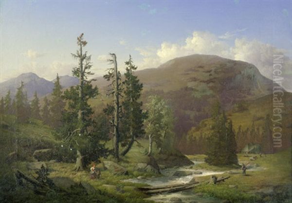Nordamerikanische Landschaft Mit Trappern, Im Mittelgrund Ein Holzhaus (landschaft In Den Appalachen?) Oil Painting by Albert (Adolf) Richter