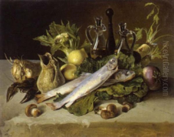 Stilleben Mit Zitronen, Pilzen, Ruben, Fischen Oil Painting by Carl August Richter
