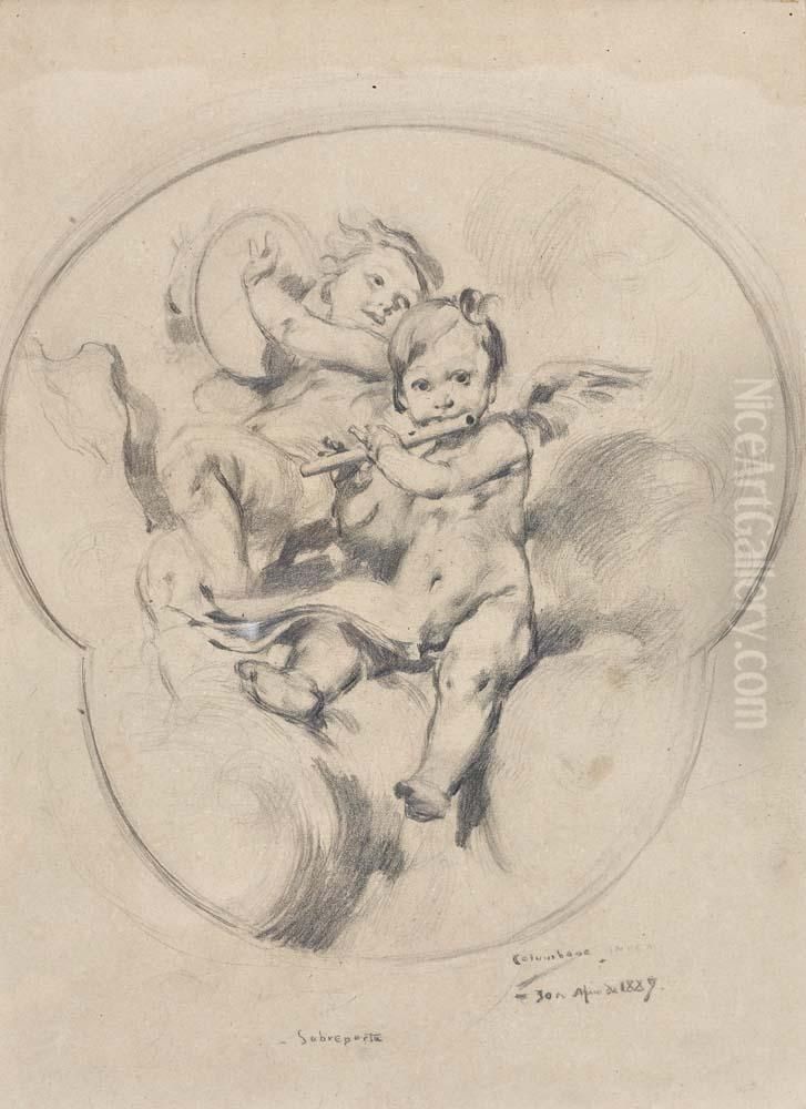 Estudo Para A 1 Sobreporta (do Lado Direito) Da Sala De Musica Dopalacio Do Marques Da Foz Aos Restauradores - Lisboa Oil Painting by Columbano Bordalo Pinheiro