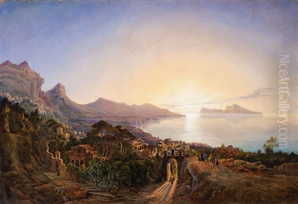 An Italian Coastal Landscape At Sunset Oil Painting by Emil Theodor Richter