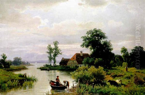 Abendliche Seenlandschaft Mit Gehoft Und Junger Frau Im Nachen Am Ufer Oil Painting by Gustav Richter