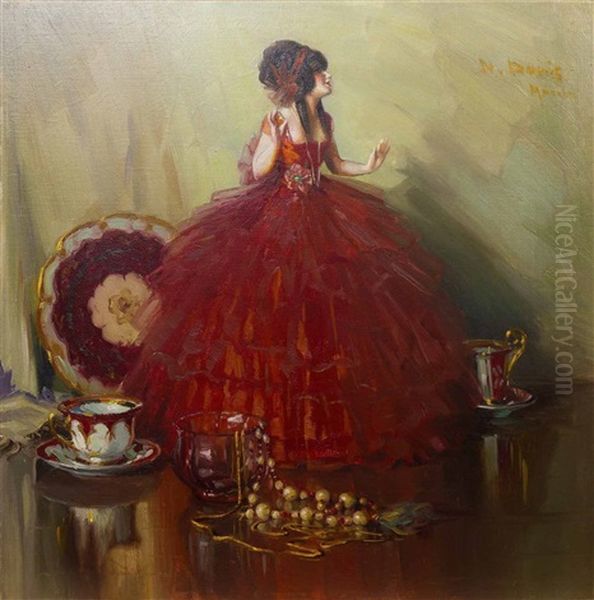 Still Life With Doll, Jewels And Teaset Oil Painting by Herbert Davis Richter