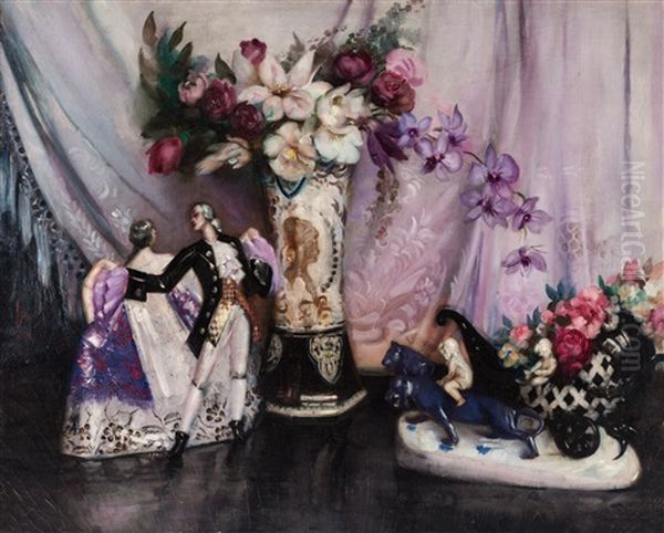 Still Life With Flowers And Figurines Oil Painting by Herbert Davis Richter