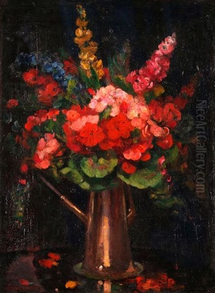 Still Life Study Of Mixed Flowers In A Pot Oil Painting by Herbert Davis Richter